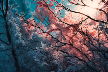 frosty twigs and branches covering foliage with blue sky