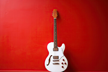 Frontal view of a white electric guitar hanging out of a red background. - obrazy, fototapety, plakaty