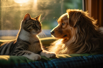 Photo of a cat and a dog friends in a cozy house by the window