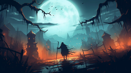 spooky halloween background with full moon, silhouettes of bats and spooky witch. ai generative
