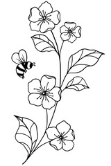 Bee approaches the twig flowers, black and white vector. Graphic illustration of field flowers and bee