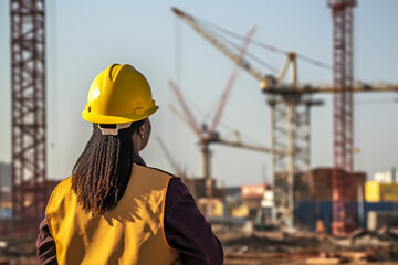 a dark-skinned woman builder in a protective helmet stands against the background of a construction or industrial site, rear view. labor day. AI generative