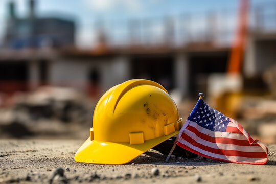yellow safety helmet of a worker and an American flag on the background of a construction site, labor day. ai generative.