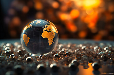 this image is of a world globe in front of some coins