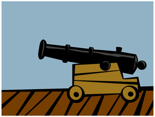 Old naval cannon on the deck of a warship. Vector image for prints, poster and illustrations.