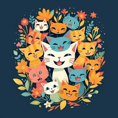Imagine a logo for a animal rescue organization that is unique mixed - media artwork combining digital elements of happy cats and hand - drawn illustrations, incorporating flowers in a composition