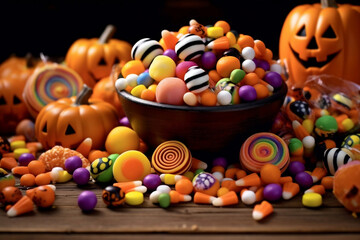 Fototapeta na wymiar colorful multi-colored candies of different shapes, background for halloween holiday. ai generative