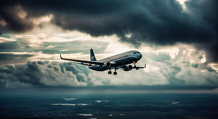 Fototapeta na wymiar jet airplane flying over cloudy skies