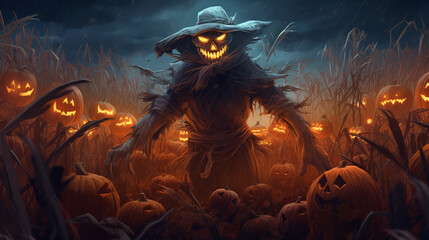 animated spooky scarecrow in a corn field on halloween night. atmospheric chilling background. ai generative - obrazy, fototapety, plakaty