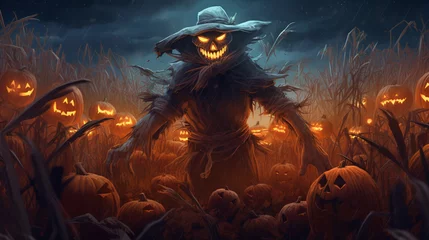  animated spooky scarecrow in a corn field on halloween night. atmospheric chilling background. ai generative © Oleksandr