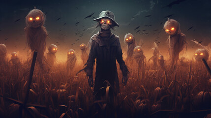 animated spooky scarecrow in a corn field on halloween night. atmospheric chilling background. ai generative - obrazy, fototapety, plakaty