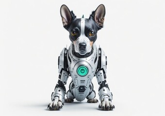 Futuristic Robot Dog on White Background. Futuristic Robot Dog with Bright Eyes and Metal Coat on White Background. The robot dog gazes at the camera with a smart and inquisitive look, guard dog.