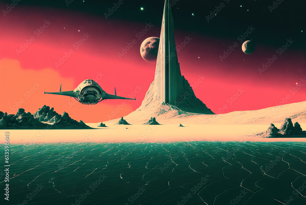 Poster retrofuturistic landscape in 80s sci-fi style. retro science fiction scene with futuristic buildings