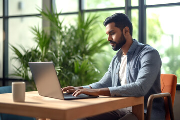 Latin indian adult student typing working remotely online on training educational webinar chatting. Home office using computer technology. Generative Ai content.