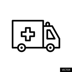Ambulance car, medical emergency van vector icon in line style design for website, app, ui, isolated on white background. Editable stroke. Vector illustration.