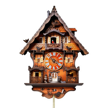  traditional wooden cuckoo clock on a plain white background