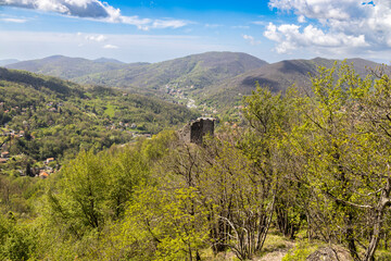 Aerial view of the ruins of the castle of Savignone in the Ligurian hinterland of Genoa, Italy