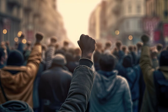 A protest march from behind. People raising fists at an urban protest rally