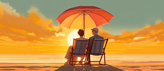 An elderly couple enjoying the beach, sitting in a beach chair, holding an umbrella.