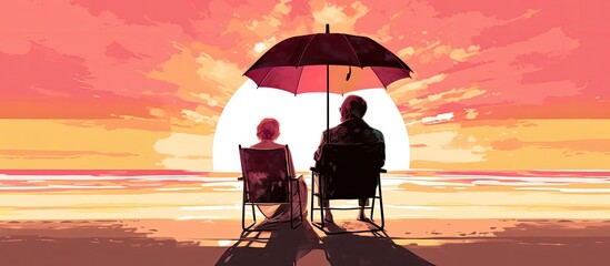 An elderly couple enjoying the beach, sitting in a beach chair, holding an umbrella.