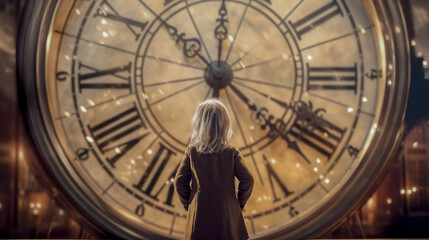 The little girl looks at the big dial. Time travel. AI generation