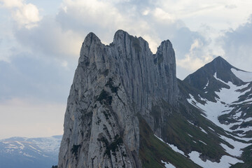 Cloudy day in the canton of Appenzell in Switzerland at the rock called Saxer Lücke. Big steep...