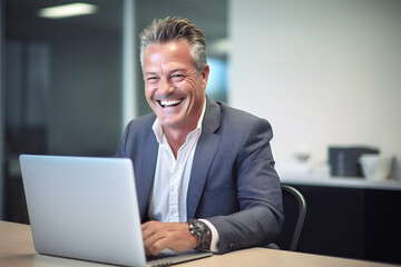 Portrait of smiling middle aged businessman wearing in grey suit in office working on laptop computer. Marketing manager using computer technology. Generative Ai content. 