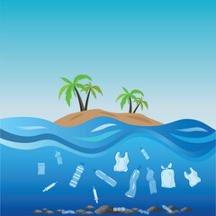Fototapeta na wymiar Plastic bottles in the sea. Pollution of the World ocean by plastic waste. Ecological disaster concept illustration, environmental pollution.