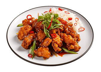 Fototapeta premium Honey walnut shrimp with rice on transparent background. Generative AI.