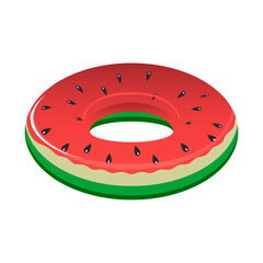 Red cartoon watermelon slice. Inflatable circle for swimming in the pool in summer on a white background. 