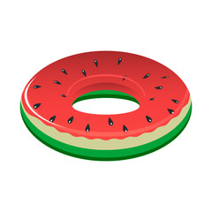 Red cartoon watermelon slice. Inflatable circle for swimming in the pool in summer on a white background. Vector.