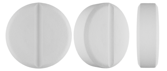 White pill in three forms. Medical tablet. Drug. Vitamins in the form of a tablet. 3d render.
