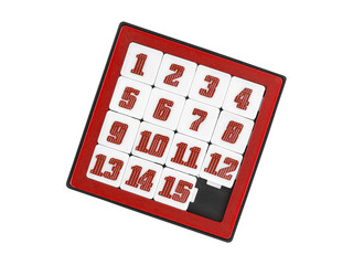 red sliding 15 numbers puzzle game isolated on transparent, children toy for learning