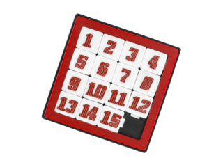red sliding 15 numbers puzzle game isolated on transparent, children toy for learning