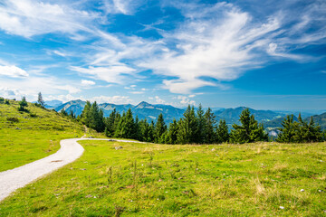 Hiking on the Schafberg hill, Austria. Schafberg by Sankt Wolfgang im Salzkammergut on lake Mondsee (moonlake, moon). Upper Austria (Oberosterreich), Salzburg.
