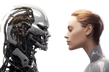 Robot and young woman face to face