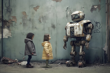 Robot and little girl face to face