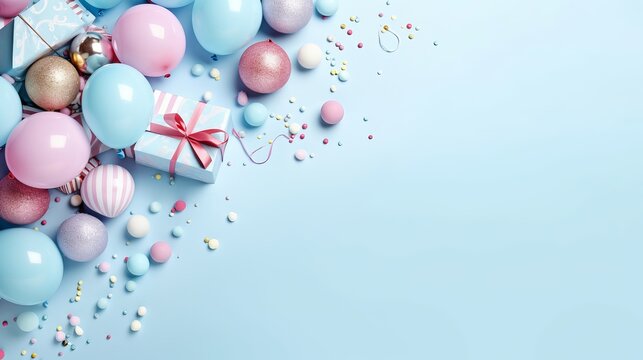 Flat Lay Decoration Party Pastel Blue Background Top View - Happy Birthday Concept, Generative AI