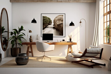 Home office for workspace and relax mode by interior design with desk, armchair, pc and stylish personal accessories for contemporary style