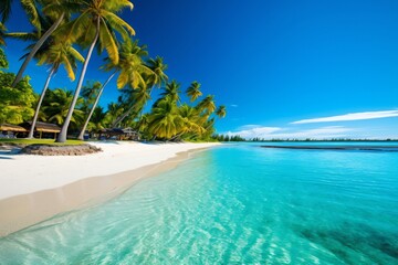 idyllic white sandy beach with palm trees on the light blue sea created with Generative AI technology