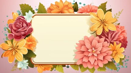 Frame with Leaves and Flowers - Colorful Vector Birthday Illustration with Beautiful Flowers and Blank Sign, Generative AI