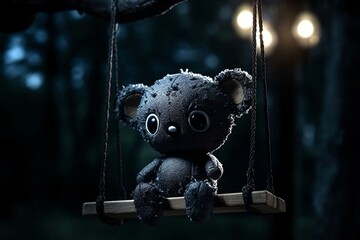 old dark brown cloth bear sitting on a wooden swing created with Generative AI technology - obrazy, fototapety, plakaty
