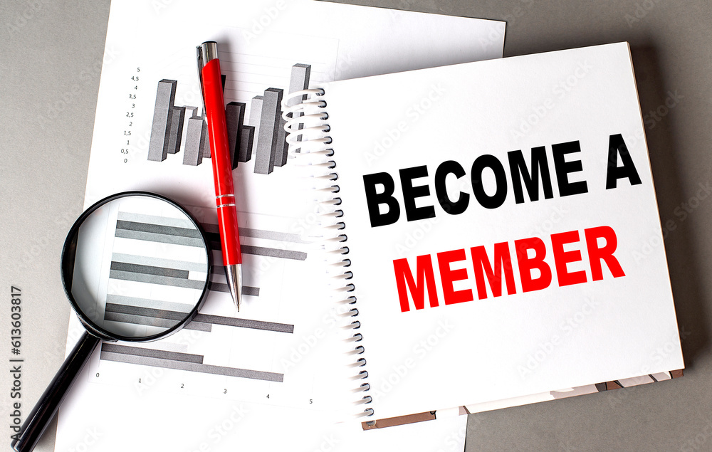 Poster become a member text written on notebook with chart