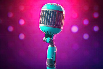 A cartoon vintage microphone placed on a nostalgic retro surface