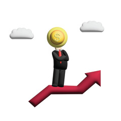 Man head golden coin standing on rising graph, red rising arrow, growth graph, good direction Financial progress, 3d render