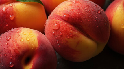 Fototapeta na wymiar Ripe peaches with water drops closeup. AI