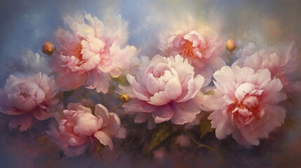 Oil painting with bouquet of pink peonies. AI