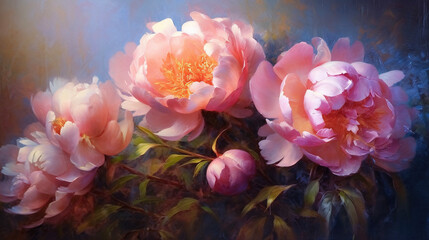 Oil painting with bouquet of pink peonies. AI
