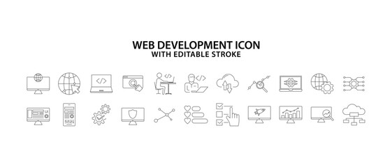 Website icon set. Line icon about web development. Search Engine Optimization - SEO thin line icons set. Set of 22 line icons related to web design, development. Editable stroke. Vector illustration