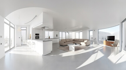 Fototapeta na wymiar Modern weiss apartment interior panorama, Bright color. Generative Ai
